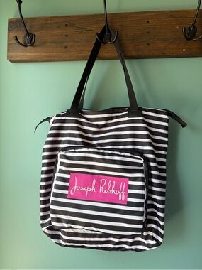 Joseph Ribkoff Black & White Striped Tote with Pink Logo Patch